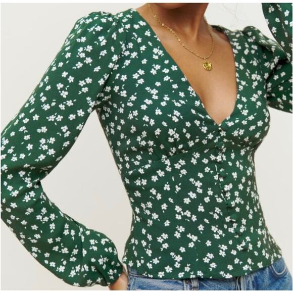 Reformation Tops - Reformation Nell Top V Neck Annette print Green Floral Long Sleeve Sz M